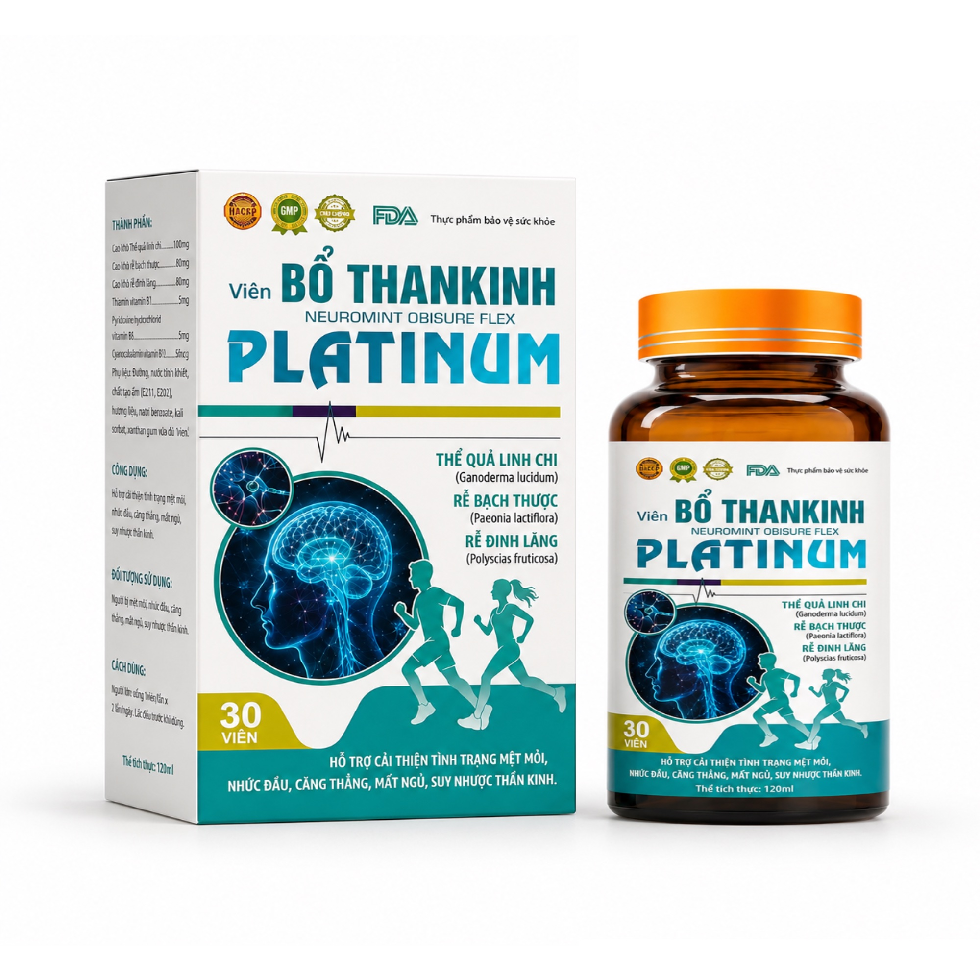 Viên uống Bổ thần kinh Platinum hỗ trợ giảm mệt mỏi, căng thẳng, mất ngủ (Chai màu xanh)